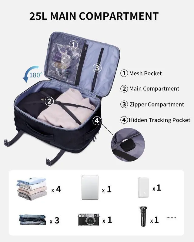 Alt view image 3 of 7 - 17 Small Travel Backpack United Airlines Personal Item Bag 17x10x9 with 16 Pockets Water Resistant Rucksacks Fit 15.6 Laptop AirTag Pocket Lightweight Casual Daypack 25L Black