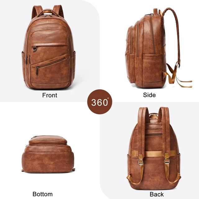 Alt view image 7 of 7 - Vegan Leather Backpack for Women & Men Travel Carry-On Purse, College & Work Bookbag Fits 16.5" Laptop, Brown