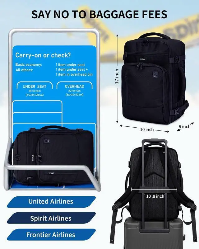 Alt view image 2 of 7 - 17 Small Travel Backpack United Airlines Personal Item Bag 17x10x9 with 16 Pockets Water Resistant Rucksacks Fit 15.6 Laptop AirTag Pocket Lightweight Casual Daypack 25L Black