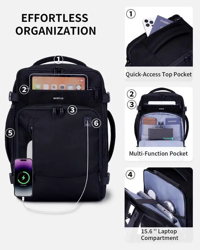 Alt view image 4 of 7 - 17 Small Travel Backpack United Airlines Personal Item Bag 17x10x9 with 16 Pockets Water Resistant Rucksacks Fit 15.6 Laptop AirTag Pocket Lightweight Casual Daypack 25L Black