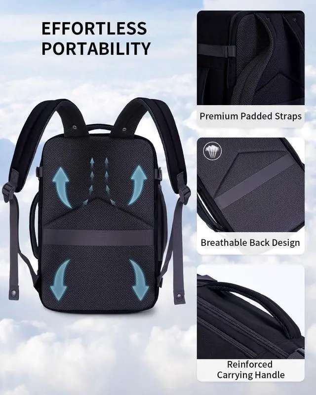 Alt view image 5 of 7 - 17 Small Travel Backpack United Airlines Personal Item Bag 17x10x9 with 16 Pockets Water Resistant Rucksacks Fit 15.6 Laptop AirTag Pocket Lightweight Casual Daypack 25L Black