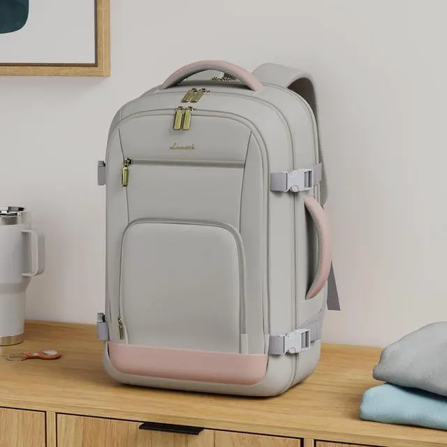 Alt view image 2 of 7 - Travel Backpack For Women 40L Carry On Backpack Flight Approved TSA Personal Item Travel Bag Fits 17 Inch Laptop Business Weekender Overnight Waterproof Daypack With 2 Cubes Grey-Pink