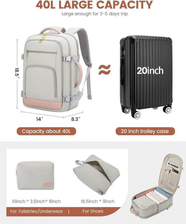 Alt view image 4 of 7 - Travel Backpack For Women 40L Carry On Backpack Flight Approved TSA Personal Item Travel Bag Fits 17 Inch Laptop Business Weekender Overnight Waterproof Daypack With 2 Cubes Grey-Pink