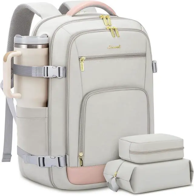 Main image of Travel Backpack For Women 40L Carry On Backpack Flight Approved TSA Personal Item Travel Bag Fits 17 Inch Laptop Business Weekender Overnight Waterproof Daypack With 2 Cubes Grey-Pink