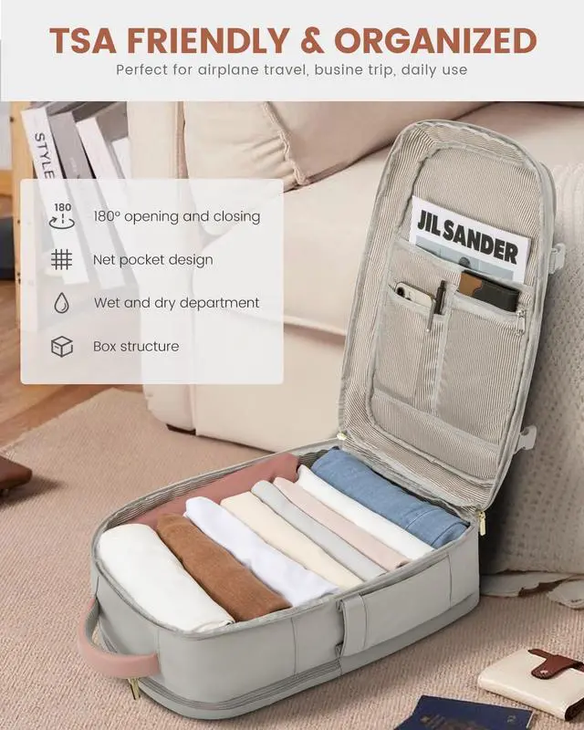 Alt view image 6 of 7 - Travel Backpack For Women 40L Carry On Backpack Flight Approved TSA Personal Item Travel Bag Fits 17 Inch Laptop Business Weekender Overnight Waterproof Daypack With 2 Cubes Grey-Pink