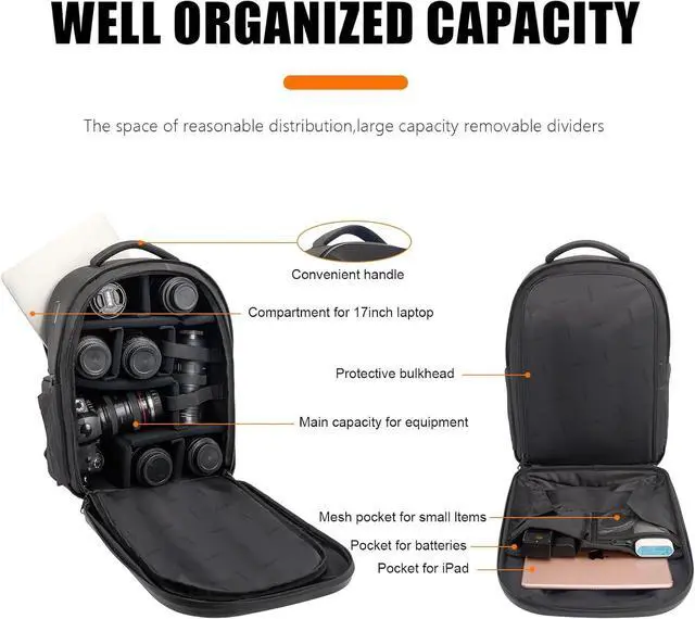 Alt view image 2 of 7 - Hardshell Camera Backpack Professional Camera Bag for Photography 15.6 Laptop Compartment Tripod holder Outdoor Travel Camera Case for Canon Nikon  DSLR SLR Mirrorless Camera & Lenses