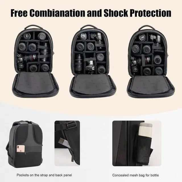 Alt view image 3 of 7 - Hardshell Camera Backpack Professional Camera Bag for Photography 15.6 Laptop Compartment Tripod holder Outdoor Travel Camera Case for Canon Nikon  DSLR SLR Mirrorless Camera & Lenses