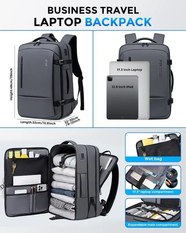 Alt view image 2 of 7 - 17.3 Inch Travel Laptop Backpack for Men Water Resistant Carry On Backpack with USB Port Expandable Computer Daypack Grey Business Backpack for College/Work