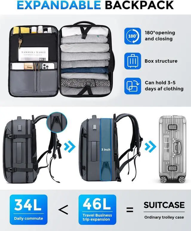 Alt view image 3 of 7 - 17.3 Inch Travel Laptop Backpack for Men Water Resistant Carry On Backpack with USB Port Expandable Computer Daypack Grey Business Backpack for College/Work