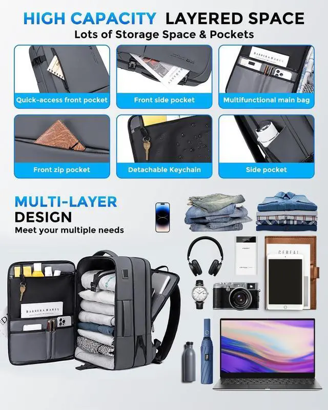 Alt view image 5 of 7 - 17.3 Inch Travel Laptop Backpack for Men Water Resistant Carry On Backpack with USB Port Expandable Computer Daypack Grey Business Backpack for College/Work