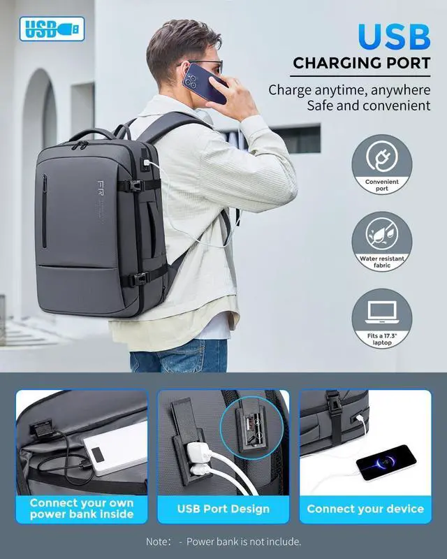 Alt view image 6 of 7 - 17.3 Inch Travel Laptop Backpack for Men Water Resistant Carry On Backpack with USB Port Expandable Computer Daypack Grey Business Backpack for College/Work