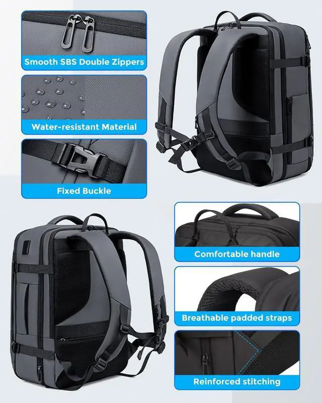 Alt view image 7 of 7 - 17.3 Inch Travel Laptop Backpack for Men Water Resistant Carry On Backpack with USB Port Expandable Computer Daypack Grey Business Backpack for College/Work