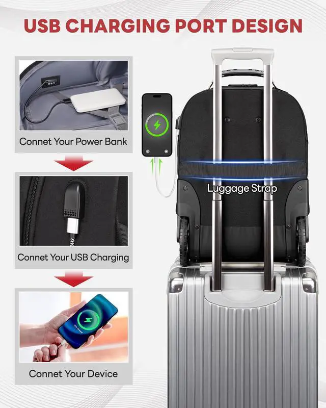 Alt view image 5 of 7 - Rolling Bag with Wheels 17 Inch Extra Large Laptop Roller Backpack for Adults with Anti Theft Lock & USB Charging Port Water Resistant Wheeled Bag Carry On Luggage for Teacher Work Travel Men