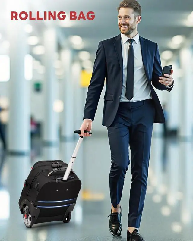 Alt view image 3 of 7 - Rolling Bag with Wheels 17 Inch Extra Large Laptop Roller Backpack for Adults with Anti Theft Lock & USB Charging Port Water Resistant Wheeled Bag Carry On Luggage for Teacher Work Travel Men
