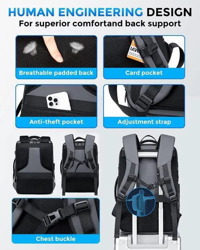 Alt view image 4 of 7 - 17.3 Inch Travel Laptop Backpack for Men Water Resistant Carry On Backpack with USB Port Expandable Computer Daypack Grey Business Backpack for College/Work