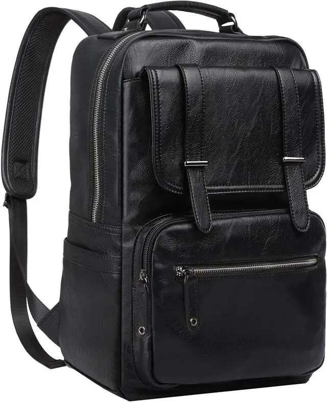Main image of Black Leather Backpack for Men Waterproof Fit 15.6 inch Laptop Backpack Work Commute Casual Daypack