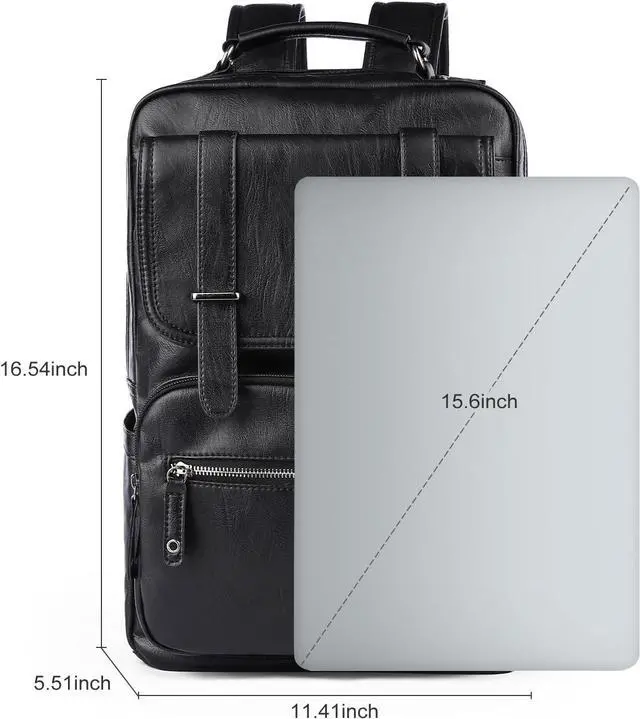 Alt view image 2 of 7 - Black Leather Backpack for Men Waterproof Fit 15.6 inch Laptop Backpack Work Commute Casual Daypack