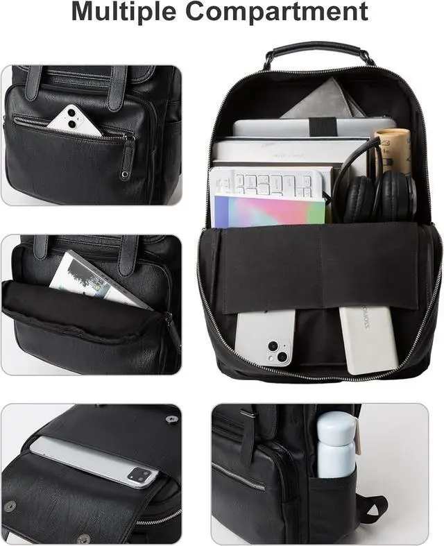 Alt view image 3 of 7 - Black Leather Backpack for Men Waterproof Fit 15.6 inch Laptop Backpack Work Commute Casual Daypack