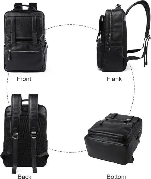 Alt view image 4 of 7 - Black Leather Backpack for Men Waterproof Fit 15.6 inch Laptop Backpack Work Commute Casual Daypack