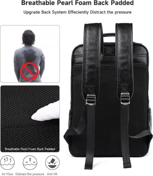 Alt view image 5 of 7 - Black Leather Backpack for Men Waterproof Fit 15.6 inch Laptop Backpack Work Commute Casual Daypack