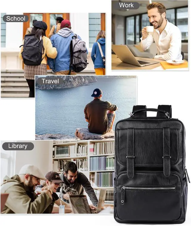 Alt view image 7 of 7 - Black Leather Backpack for Men Waterproof Fit 15.6 inch Laptop Backpack Work Commute Casual Daypack
