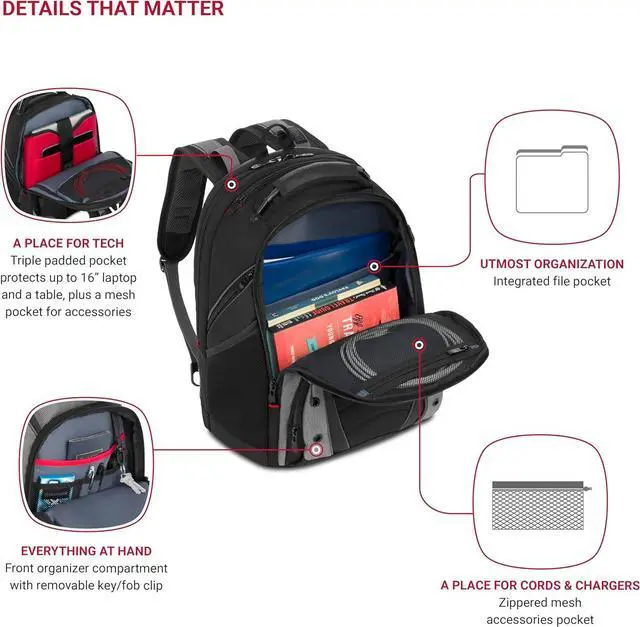 Alt view image 3 of 6 - Wenger Synergy Laptop Backpack, Fits 16 Inch Laptop, Men's and Women's Laptop Bag, Black/Grey