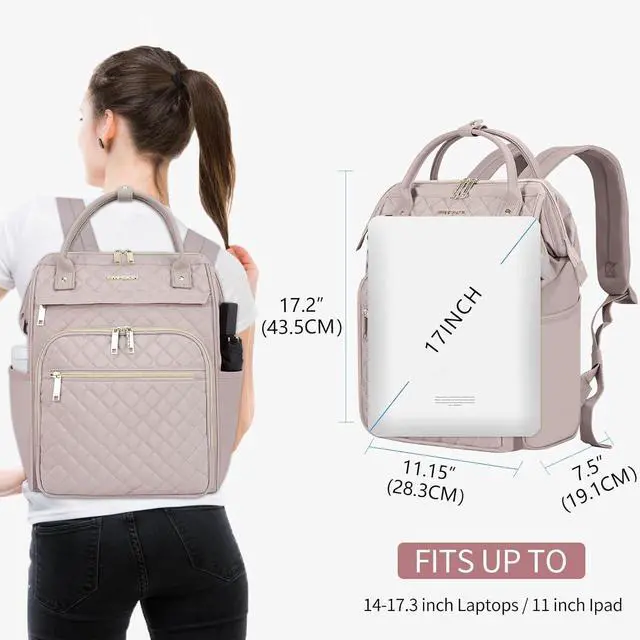 Alt view image 2 of 7 - 17 Inch Laptop Backpack for Women Work Business Travel Computer College Bags Large Capacity Water-repellent Quilted Casual Daypack with USB Port Dusty Pink