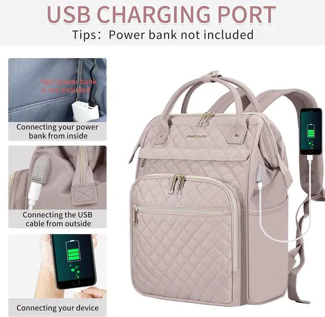 Alt view image 6 of 7 - 17 Inch Laptop Backpack for Women Work Business Travel Computer College Bags Large Capacity Water-repellent Quilted Casual Daypack with USB Port Dusty Pink