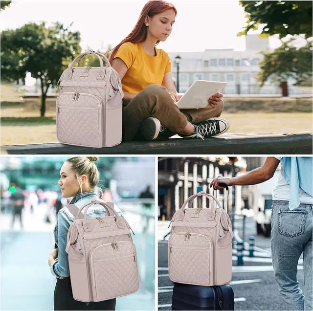 Alt view image 7 of 7 - 17 Inch Laptop Backpack for Women Work Business Travel Computer College Bags Large Capacity Water-repellent Quilted Casual Daypack with USB Port Dusty Pink