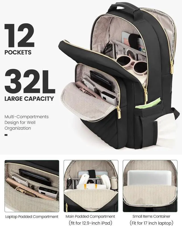 Alt view image 2 of 7 - Laptop Backpack for Women Travel Computer Work Bags with 17-inch Laptop Compartment College School Student Bag Teen Backpacks For Girls Hiking Outdoor Carry On Backpack Purse Black