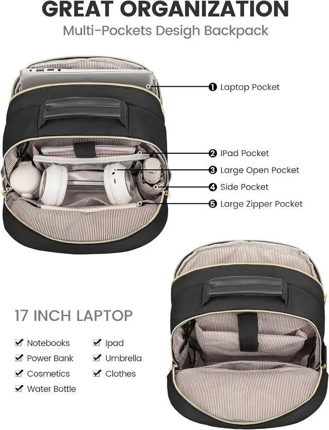 Alt view image 3 of 7 - Laptop Backpack for Women Travel Computer Work Bags with 17-inch Laptop Compartment College School Student Bag Teen Backpacks For Girls Hiking Outdoor Carry On Backpack Purse Black
