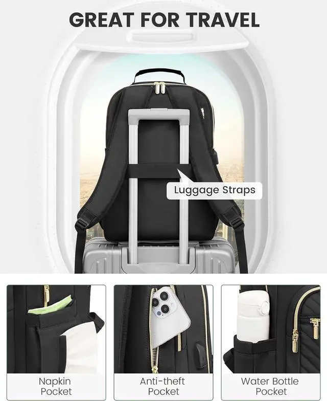 Alt view image 4 of 7 - Laptop Backpack for Women Travel Computer Work Bags with 17-inch Laptop Compartment College School Student Bag Teen Backpacks For Girls Hiking Outdoor Carry On Backpack Purse Black