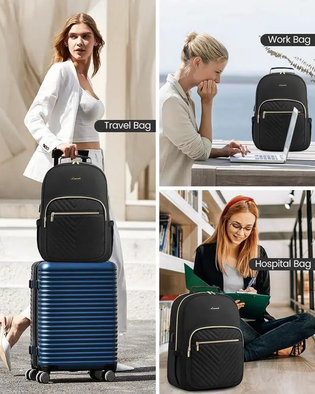 Alt view image 6 of 7 - Laptop Backpack for Women Travel Computer Work Bags with 17-inch Laptop Compartment College School Student Bag Teen Backpacks For Girls Hiking Outdoor Carry On Backpack Purse Black