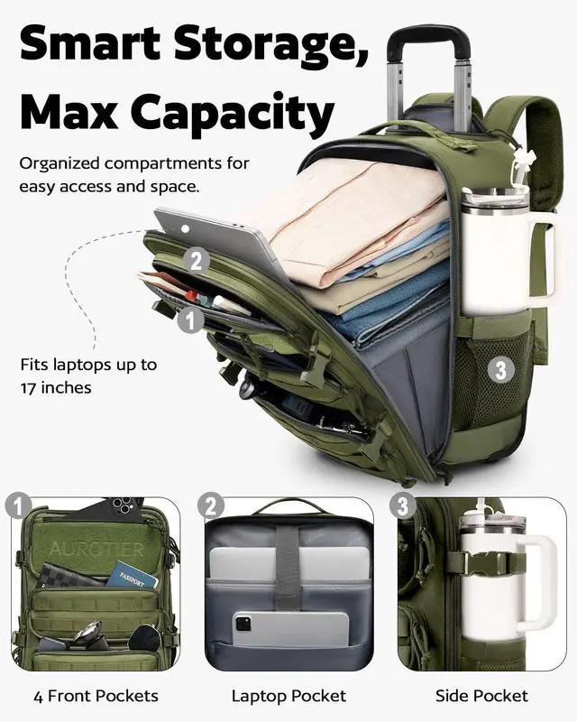 Alt view image 2 of 7 - Rolling Tactical Laptop Backpack Underseat Travel Backpack with Wheels 17 Inch Wheeled Military Computer Backpack for Men and Women Roller Overnight Molle Outdoor Hiking College Carry on Luggage