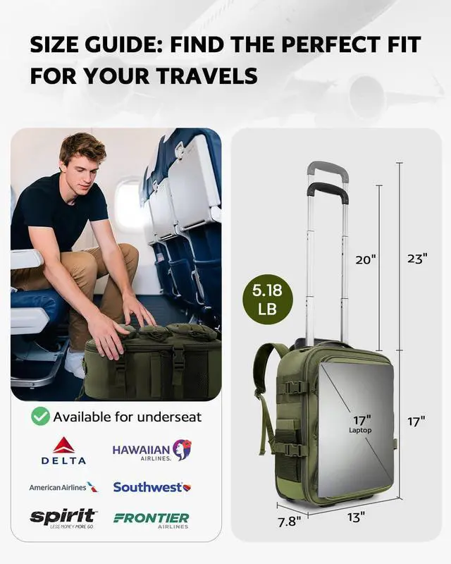 Alt view image 3 of 7 - Rolling Tactical Laptop Backpack Underseat Travel Backpack with Wheels 17 Inch Wheeled Military Computer Backpack for Men and Women Roller Overnight Molle Outdoor Hiking College Carry on Luggage
