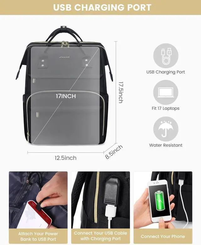 Alt view image 6 of 7 - 17.3 Inch Laptop Backpack Large Travel Backpack for Women Water Resistant Teacher Backpack with Laptop Compartment Professional Business Work bags with Charger Black