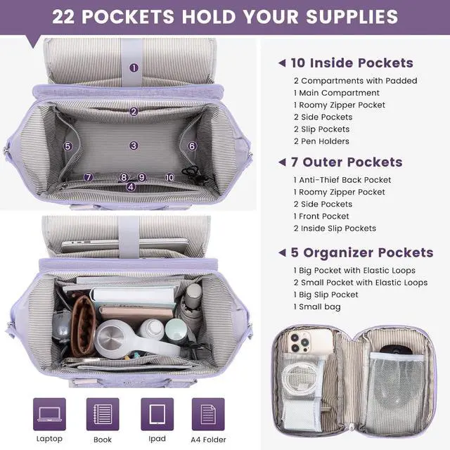 Alt view image 3 of 7 - Laptop Backpack Travel Bag with 17.3 inch Laptop Compartment Water Resistant Teacher Nurse Doctor Work Bag Anti-theft Daypack Purple