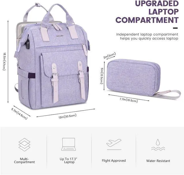 Alt view image 4 of 7 - Laptop Backpack Travel Bag with 17.3 inch Laptop Compartment Water Resistant Teacher Nurse Doctor Work Bag Anti-theft Daypack Purple
