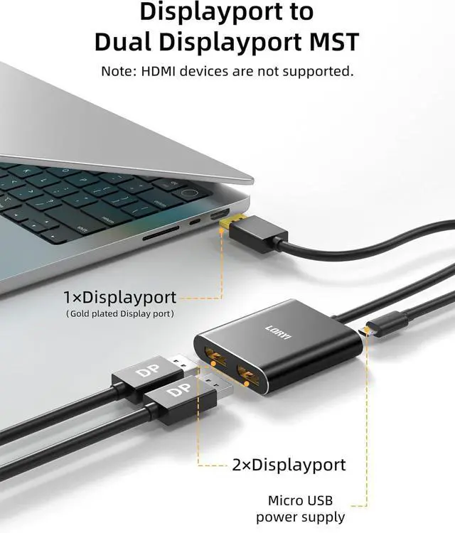 Alt view image 2 of 7 - Displayport to Dual DisplayPort Splitter Adapter 4K60Hz MST Displayport hub 1 in 2 Out Display Port for Dual Monitors DP1.4 Display Port Splitter for Desktop Laptop Extend Display