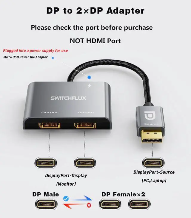 Alt view image 2 of 7 - DisplayPort to Dual Display Port Adapter [4K@60Hz] DP Splitter 1 in 2 Out Extended Display MST DP to 2 DP Female for Dual Monitors Compatible with PC Graphic Card NVIDIA AMD