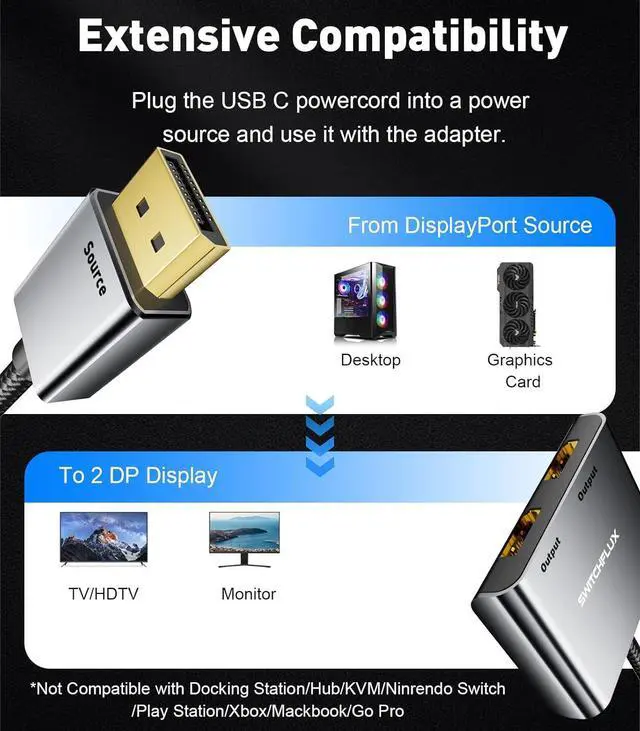 Alt view image 5 of 7 - DisplayPort to Dual Display Port Adapter [4K@60Hz] DP Splitter 1 in 2 Out Extended Display MST DP to 2 DP Female for Dual Monitors Compatible with PC Graphic Card NVIDIA AMD