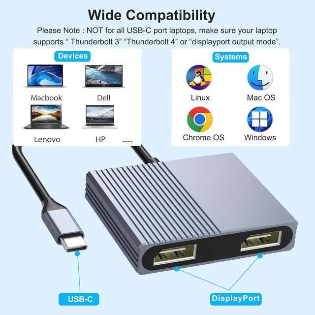 Alt view image 6 of 7 - USB C to Dual DisplayPort Adapter 4K@60Hz Displayport Splitter Display Port to USB C Displayport MST Hub Display Port Splitter for Dual Monitors DisplayPort Hub for //HP etc