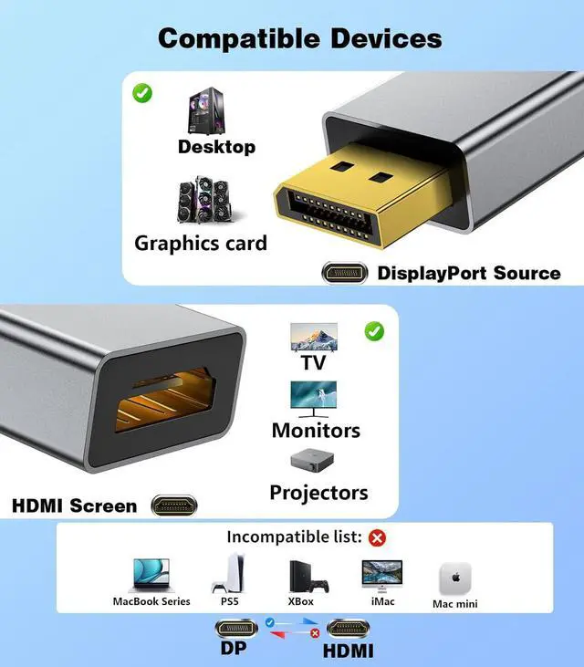 Alt view image 7 of 7 - 1-Pack DisplayPort 1.2 to HDMI 2.0 Adapter (4K@60Hz 1440P/2K@120Hz) Uni-Directional DP (Source) to HDMI (Display) Converter Compatible with PC Desktop AMD NVIDIA and Gaming Monitors