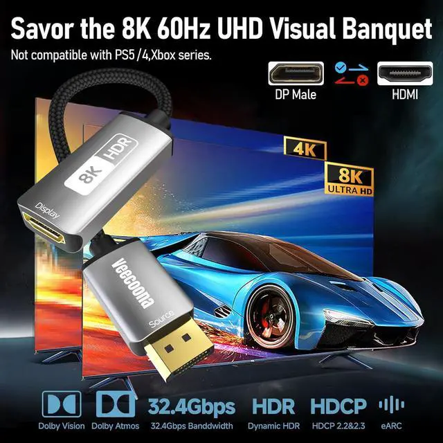 Alt view image 2 of 7 - DisplayPort 1.4 to HDMI 2.1 Adapter [8K@60Hz 4K@120Hz] Unidirectional DP Source to HDMI Display Converter Display Port Adapter for PC RTX/AMD Card - Not Work with PS5