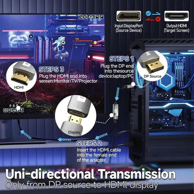 Alt view image 5 of 7 - DisplayPort 1.4 to HDMI 2.1 Adapter [8K@60Hz 4K@120Hz] Unidirectional DP Source to HDMI Display Converter Display Port Adapter for PC RTX/AMD Card - Not Work with PS5