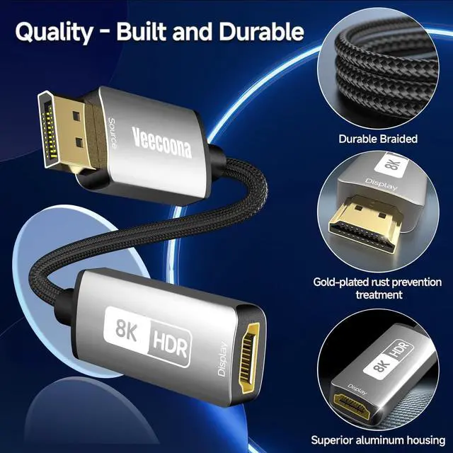 Alt view image 7 of 7 - DisplayPort 1.4 to HDMI 2.1 Adapter [8K@60Hz 4K@120Hz] Unidirectional DP Source to HDMI Display Converter Display Port Adapter for PC RTX/AMD Card - Not Work with PS5