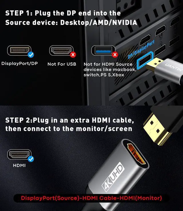 Alt view image 2 of 7 - 4K Display Port to HDMI Adapter | Uni-Directional DP 1.2 Computer to HDMI2.0 Screen DisplayPort Male to HDMI Female Adapter for AMD NVIDIA  HP PC Passive