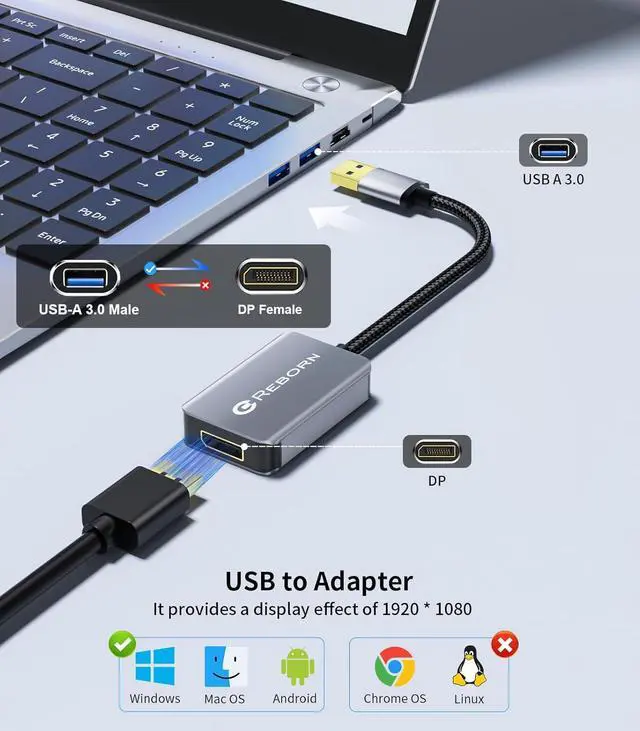 Alt view image 2 of 7 - USB 3.0 to DisplayPort Adapter 1080P@60Hz USB 3.0 Male to DisplayPort Female Multi-Display Cable Converter Suitable for MAC OS Windows 7/8/10/11