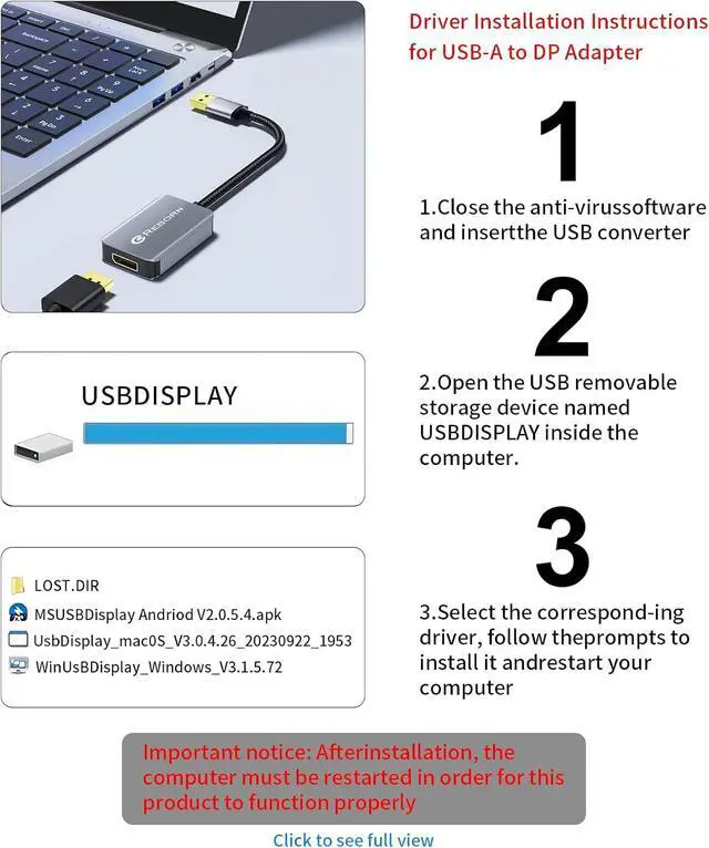 Alt view image 3 of 7 - USB 3.0 to DisplayPort Adapter 1080P@60Hz USB 3.0 Male to DisplayPort Female Multi-Display Cable Converter Suitable for MAC OS Windows 7/8/10/11