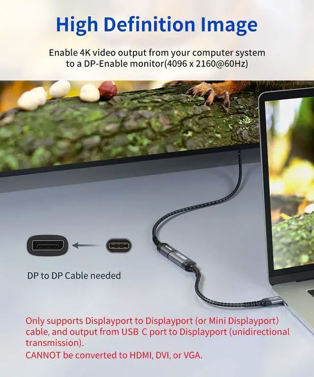 Alt view image 2 of 7 - USB C to DisplayPort Adapter 4K@60Hz Type C to Display Port Cable Adapter Compatible with iPhone 15 Pro Max MacBook Pro 2019 2018 Surface Book  XPS  Galaxy S24 S23 Note 20-Grey